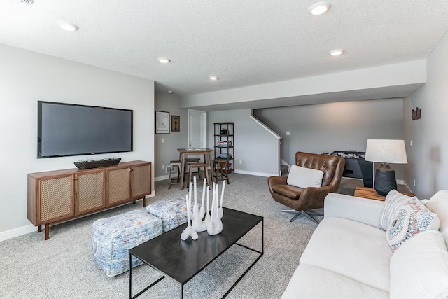 8018 Marquette Ave NE, Otsego, MN 55330 - living room with light carpet, baseboards, stairway, recessed lighting, and a textured ceiling