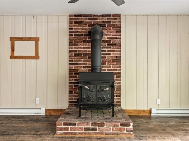 15622 Sand Beach Park, Bay Lake Twp, MN 56444 - detailed view of a wood stove, wood finished floors, baseboard heating, and wooden walls