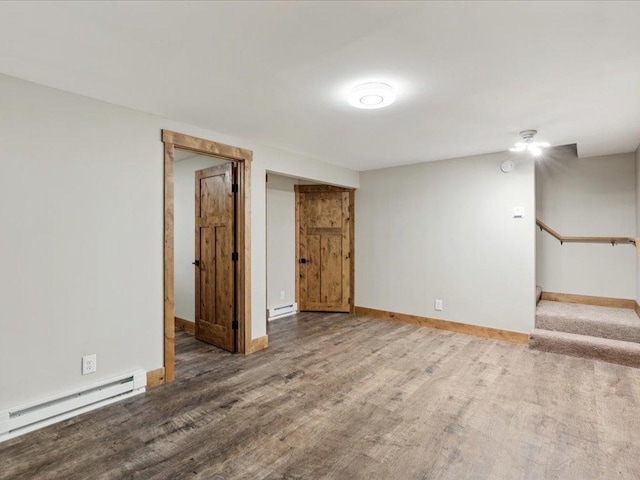 15622 Sand Beach Park, Bay Lake Twp, MN 56444 - empty room with baseboard heating, baseboards, wood finished floors, and stairway