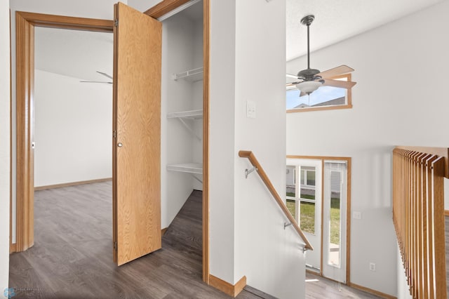 2831 Wheatland Dr S, Fargo, ND 58103 - staircase featuring a ceiling fan and wood finished floors