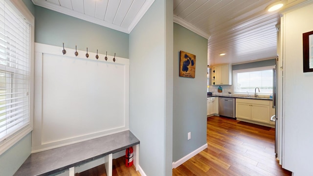 27096 Little Floyd Lake Rd Unit 1, Detroit Lakes, MN 56501 - mudroom with ornamental molding, dark wood-style flooring, baseboards, and recessed lighting
