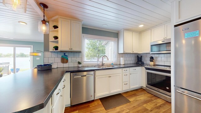 27096 Little Floyd Lake Rd Unit 1, Detroit Lakes, MN 56501 - kitchen with stainless steel appliances, a sink, open shelves, dark countertops, and wood ceiling