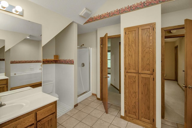 4906 Bayswater Rd, Minnetonka, MN 55345 - bathroom with a stall shower, vanity, tile patterned floors, and vaulted ceiling