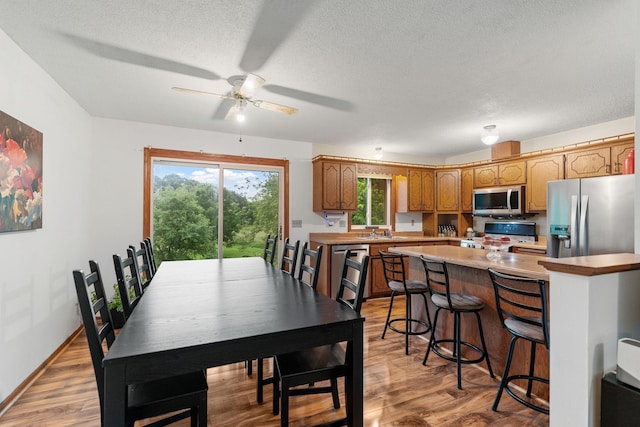 20195 Harrow Ave Way N, Forest Lake, MN 55025 - dining area featuring a ceiling fan, light wood-type flooring, and a textured ceiling