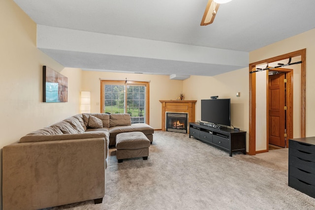 20195 Harrow Ave Way N, Forest Lake, MN 55025 - living room featuring light carpet, a glass covered fireplace, and ceiling fan