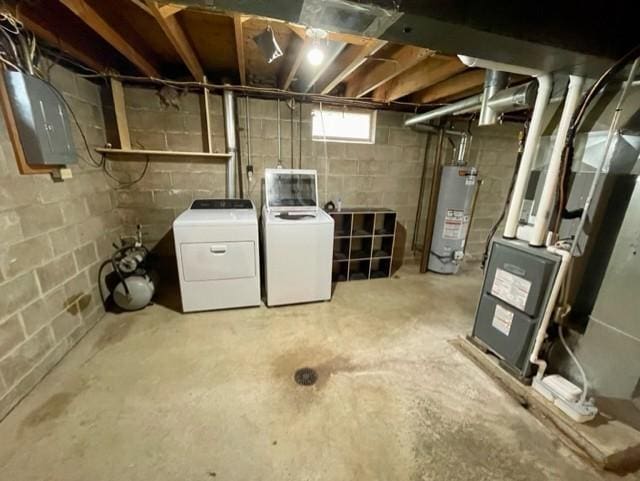 4155 7th St, Goodview, MN 55987 - basement with water heater, washer and clothes dryer, electric panel, and heating unit