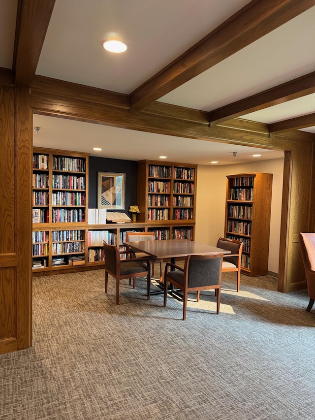 1181 Edgcumbe Rd Unit 213, Saint Paul, MN 55105 - carpeted home office featuring bookshelves, beamed ceiling, recessed lighting, and built in shelves