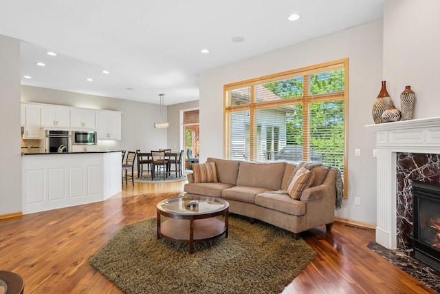 6654 Orchid Ln N, Maple Grove, MN 55311 - living area featuring hardwood / wood-style flooring, a fireplace, recessed lighting, and baseboards