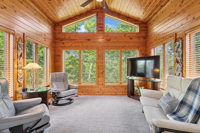 6654 Orchid Ln N, Maple Grove, MN 55311 - living room featuring wood walls, carpet floors, a ceiling fan, vaulted ceiling, and wooden ceiling