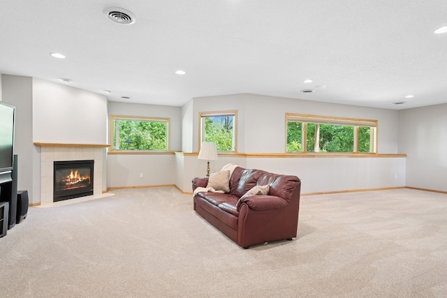 6654 Orchid Ln N, Maple Grove, MN 55311 - carpeted living room with baseboards, recessed lighting, and a fireplace