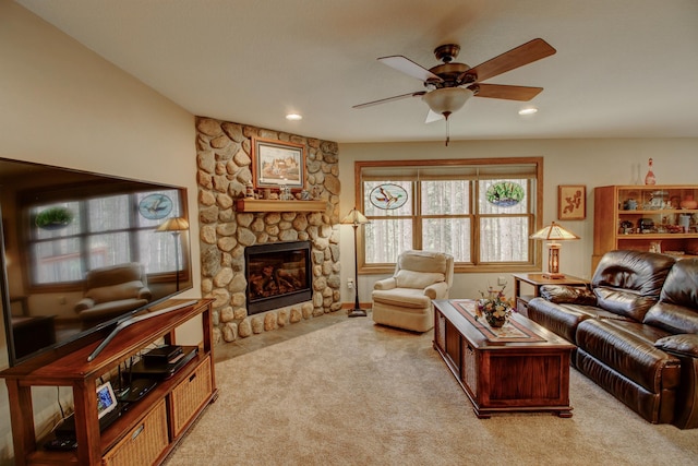20929 Faron Dr, Nevis, MN 56467 - living room featuring light carpet, a fireplace, a ceiling fan, and recessed lighting