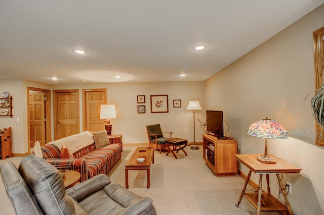 20929 Faron Dr, Nevis, MN 56467 - living room featuring light carpet, recessed lighting, and baseboards