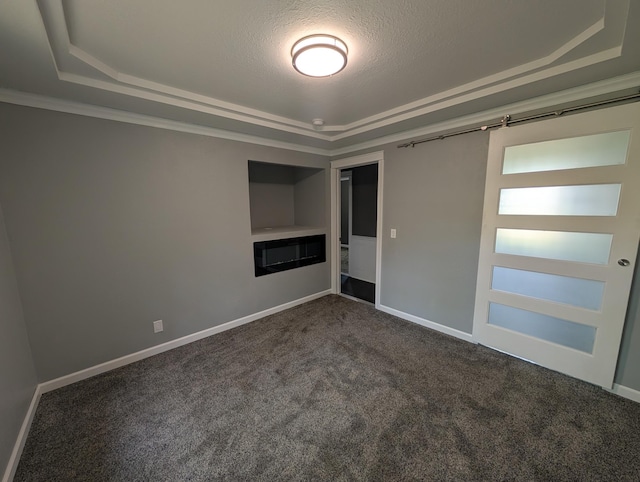 530 Cardinal St, Fairmont, MN 56031 - empty room with a tray ceiling, dark colored carpet, baseboards, a textured ceiling, and built in shelves