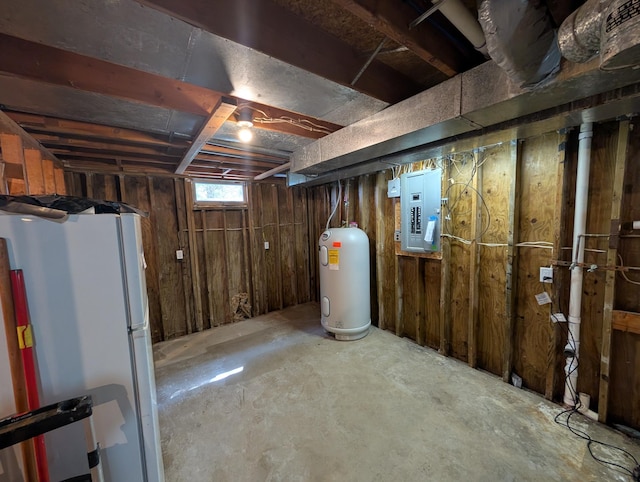 530 Cardinal St, Fairmont, MN 56031 - basement featuring freestanding refrigerator, electric panel, and water heater