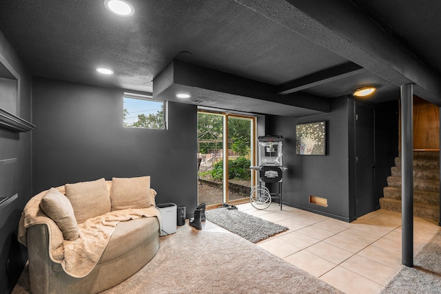 11411 Johnson Cir, Bloomington, MN 55437 - living area with recessed lighting, stairway, a textured ceiling, light tile patterned floors, and baseboards