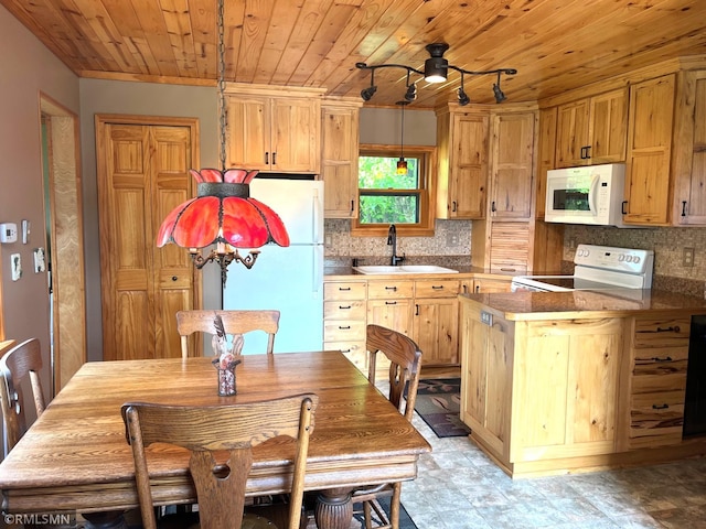 43639 351st Ln, Aitkin Twp, MN 56431 - kitchen with white appliances, a sink, wooden ceiling, backsplash, and ceiling fan