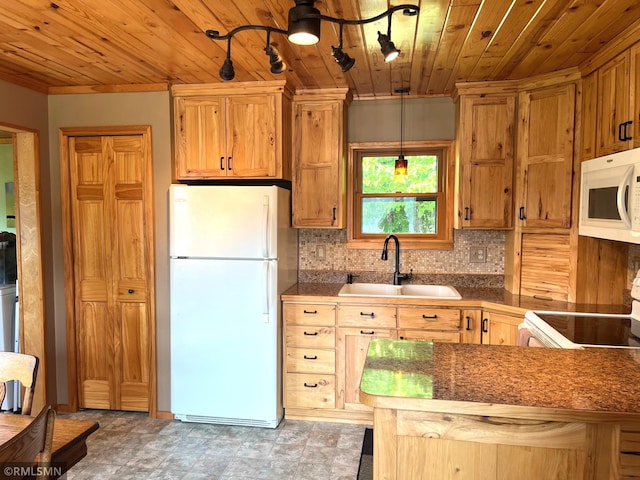 43639 351st Ln, Aitkin Twp, MN 56431 - kitchen featuring white appliances, a sink, wood ceiling, decorative backsplash, and a peninsula