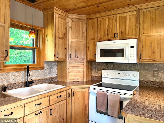 43639 351st Ln, Aitkin Twp, MN 56431 - kitchen featuring white appliances, a sink, decorative backsplash, wooden ceiling, and dark countertops