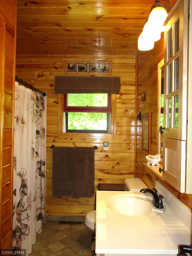 43639 351st Ln, Aitkin Twp, MN 56431 - full bathroom featuring toilet, wood walls, vanity, a shower with shower curtain, and tile patterned floors
