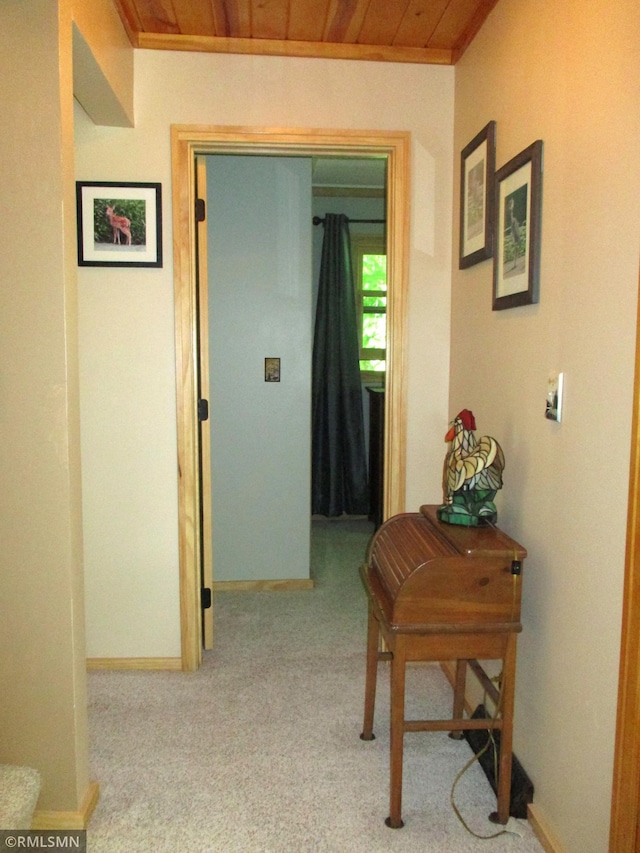 43639 351st Ln, Aitkin Twp, MN 56431 - hallway featuring wooden ceiling, baseboards, carpet flooring, and crown molding