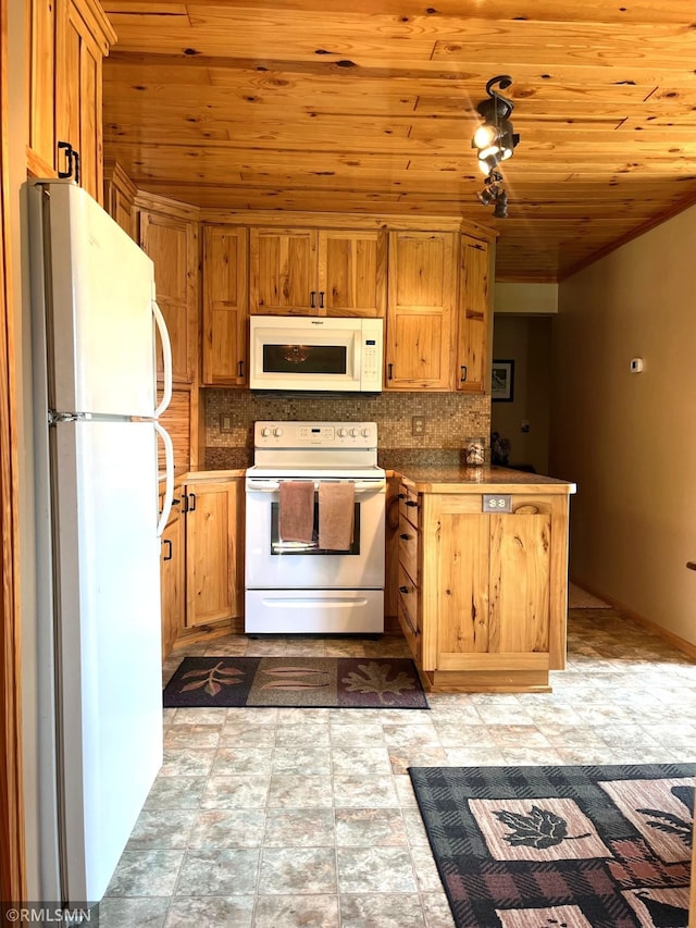 43639 351st Ln, Aitkin Twp, MN 56431 - kitchen with white appliances, wooden ceiling, decorative backsplash, and a peninsula