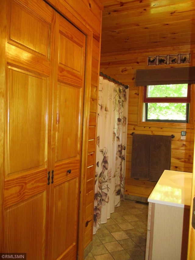 43639 351st Ln, Aitkin Twp, MN 56431 - full bath featuring wooden walls, vanity, and a shower with curtain
