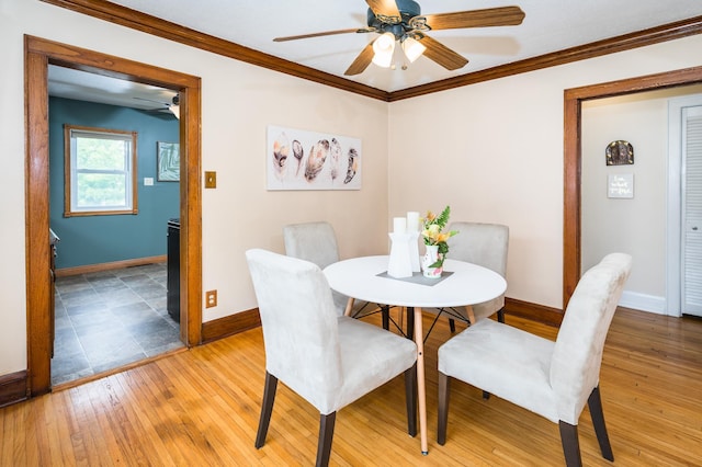 971 Mclean Ave, Saint Paul, MN 55106 - dining space with a ceiling fan, baseboards, light wood-type flooring, and crown molding
