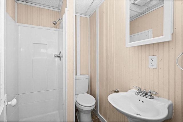 627 Skyline Pkwy, Duluth, MN 55805 - bathroom with a shower, toilet, a sink, and wooden walls