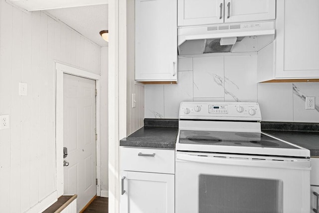 627 Skyline Pkwy, Duluth, MN 55805 - kitchen with white range with electric stovetop, under cabinet range hood, dark countertops, and white cabinetry