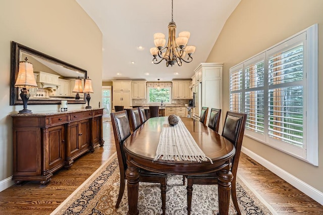 9025 Mcguffey Rd, Eden Prairie, MN 55347 - dining area with lofted ceiling, a chandelier, wood finished floors, and recessed lighting
