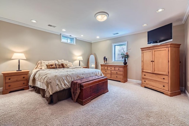 9025 Mcguffey Rd, Eden Prairie, MN 55347 - bedroom with light carpet, recessed lighting, ornamental molding, and multiple windows