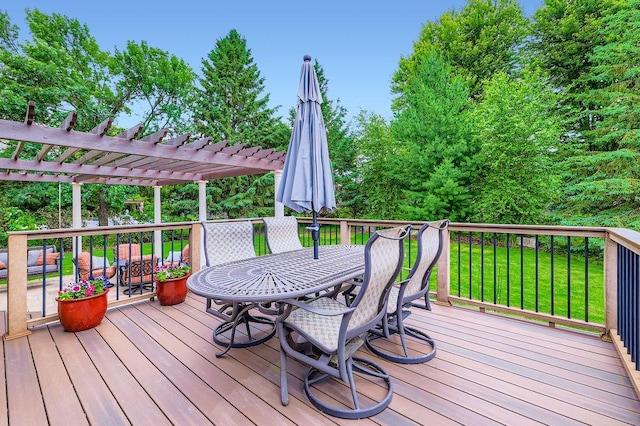 9025 Mcguffey Rd, Eden Prairie, MN 55347 - wooden terrace with outdoor dining area, a pergola, and a yard