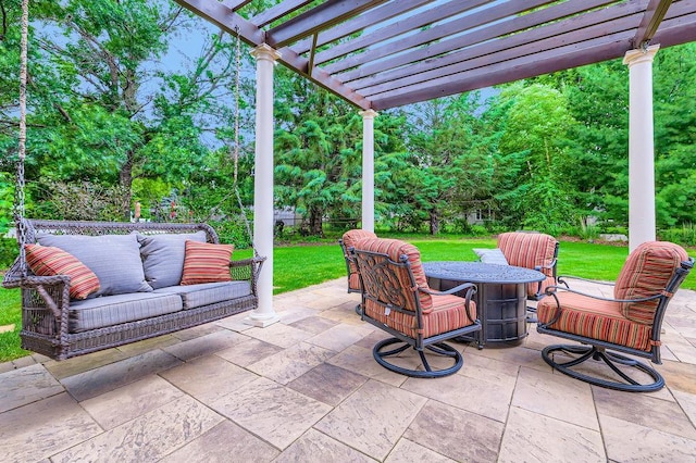 9025 Mcguffey Rd, Eden Prairie, MN 55347 - view of patio featuring a pergola, outdoor dining space, an outdoor living space, and view of wooded area