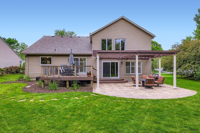 9025 Mcguffey Rd, Eden Prairie, MN 55347 - rear view of property with a wooden deck, a lawn, a patio, and roof with shingles