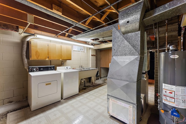 2142 Cottage Ave E, Saint Paul, MN 55119 - laundry room with gas water heater, washing machine and clothes dryer, light floors, cabinet space, and heating unit