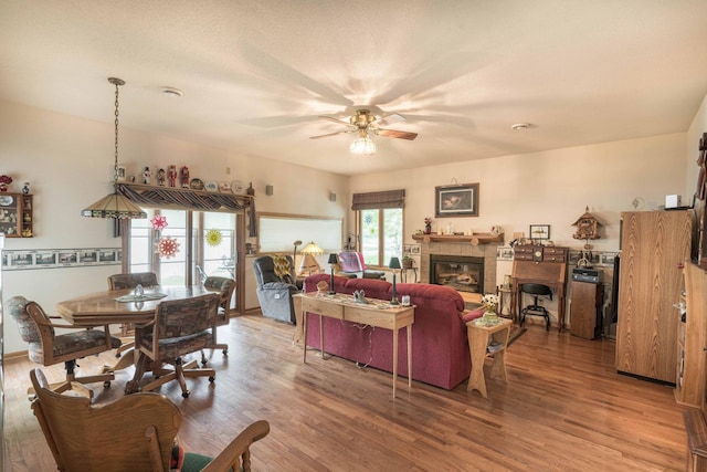 17159 Stalker Lake Rd, Battle Lake, MN 56515 - living room with a ceiling fan, wood finished floors, and a glass covered fireplace