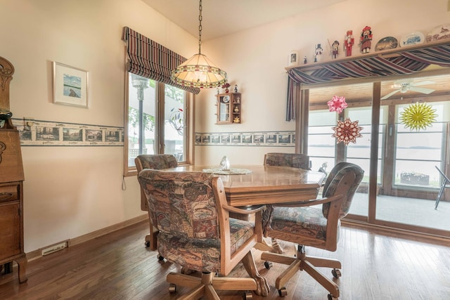 17159 Stalker Lake Rd, Battle Lake, MN 56515 - dining area with wood-type flooring, a chandelier, a ceiling fan, and baseboards