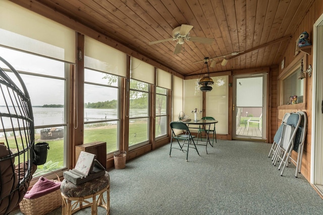 17159 Stalker Lake Rd, Battle Lake, MN 56515 - sunroom / solarium with a water view, plenty of natural light, a ceiling fan, and vaulted ceiling