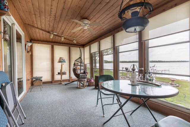 17159 Stalker Lake Rd, Battle Lake, MN 56515 - sunroom featuring wooden ceiling, a water view, carpet floors, lofted ceiling, and ceiling fan