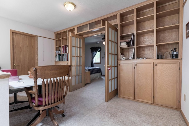 17159 Stalker Lake Rd, Battle Lake, MN 56515 - office area featuring light carpet, a ceiling fan, and french doors
