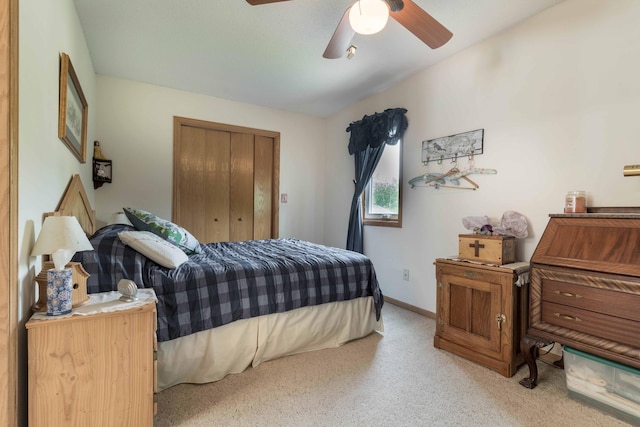 17159 Stalker Lake Rd, Battle Lake, MN 56515 - bedroom featuring light colored carpet, a closet, ceiling fan, and baseboards