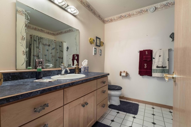 17159 Stalker Lake Rd, Battle Lake, MN 56515 - full bath featuring toilet, vanity, curtained shower, tile patterned flooring, and baseboards