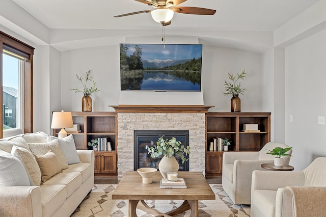 1840 Old Mill Ct, Centerville, MN 55038 - living area with a ceiling fan and a fireplace