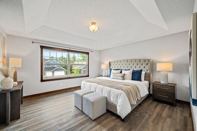 1840 Old Mill Ct, Centerville, MN 55038 - bedroom featuring a raised ceiling, a textured ceiling, dark wood-style flooring, and baseboards