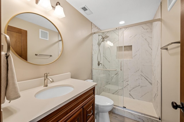 1840 Old Mill Ct, Centerville, MN 55038 - bathroom with toilet, vanity, a marble finish shower, and recessed lighting