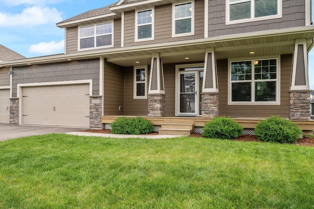 1840 Old Mill Ct, Centerville, MN 55038 - craftsman inspired home with stone siding, a front lawn, covered porch, and asphalt driveway
