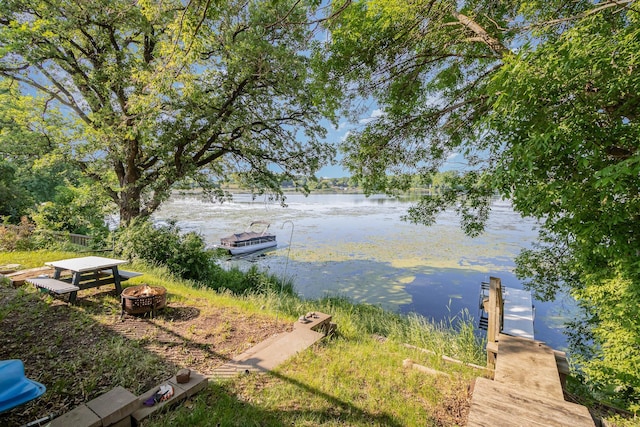 6269 85th St NW, Corinna Twp, MN 55358 - dock with an outdoor fire pit and a water view