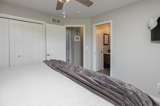 3900 Orchardview Ln NW, Rochester, MN 55901 - bedroom featuring a closet, ceiling fan, and ensuite bathroom