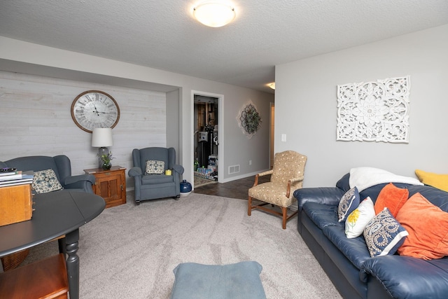3900 Orchardview Ln NW, Rochester, MN 55901 - living area with carpet, wooden walls, and a textured ceiling