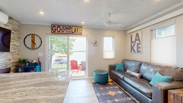 27096 Little Floyd Lake Rd Unit 2, Detroit Twp, MN 56501 - living area featuring healthy amount of natural light, wood finished floors, ceiling fan, ornamental molding, and recessed lighting